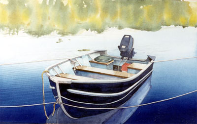 Watercolour of boat in morning mist, Georgian Bay
